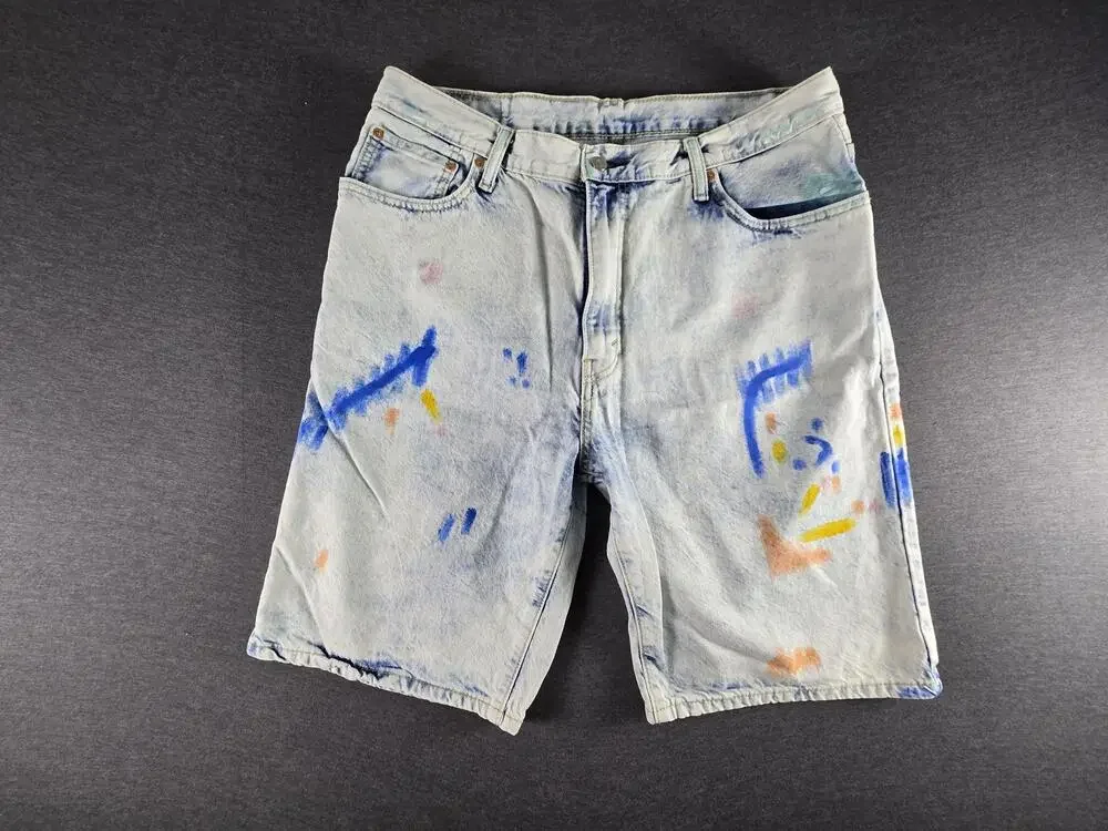 Levi's 569 Shorts Mens 36 Blue Light Wash Denim Paint Splatter Artistic Bermuda
